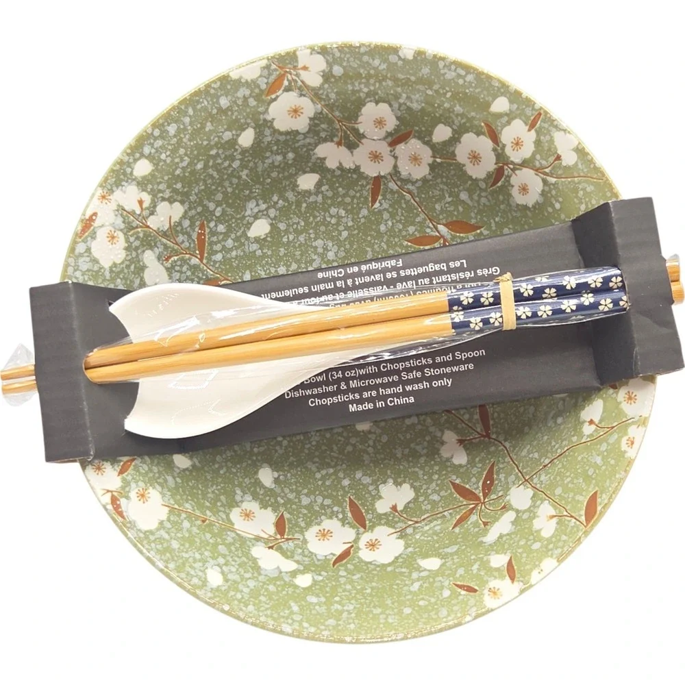 SH Home Sakura Cherry Blossom Ceramic Ramen Noodle Bowl‎ Green Chopsticks Spoon